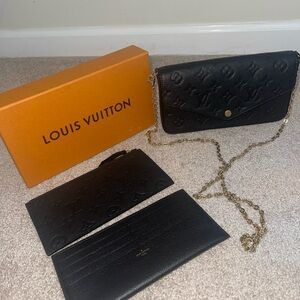Like New! Authentic Louis Vuitton Black Quilted Clutch w/ Gold Chain + Wallet!